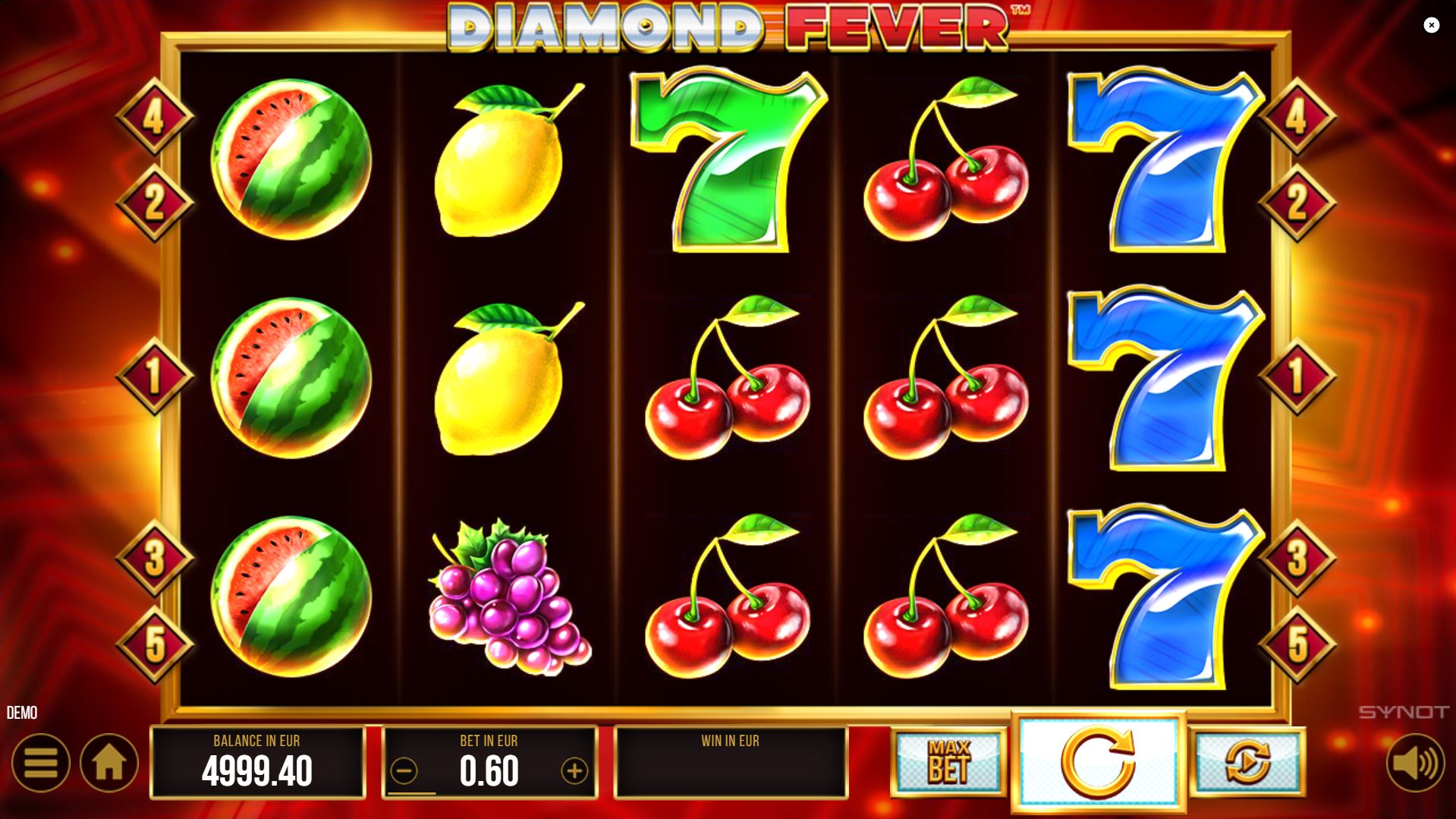 The base game screen of the Diamond Fever slot, showcasing its 5x3 reel layout and classic fruit symbols.