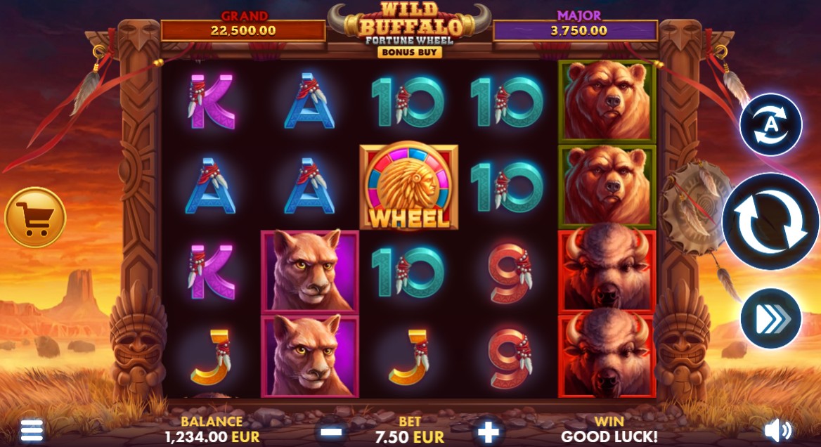 The main 5x4 game grid of the Wild Buffalo Fortune Wheel slot, set against a sunlit canyon backdrop.