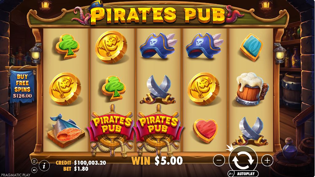 Pirates Pub slot machine base game screen with cartoonish pirate symbols.