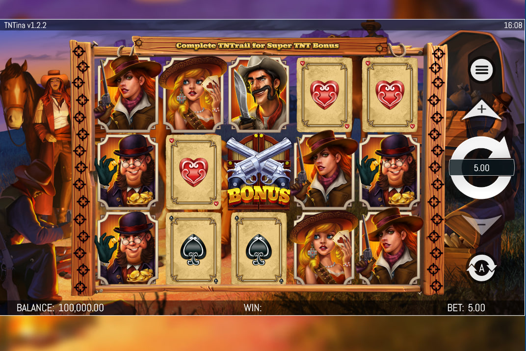 TNTina slot main game interface with character symbols and the TNTrail at the top, showing the 5x3 reel layout and 100,000 balance.
