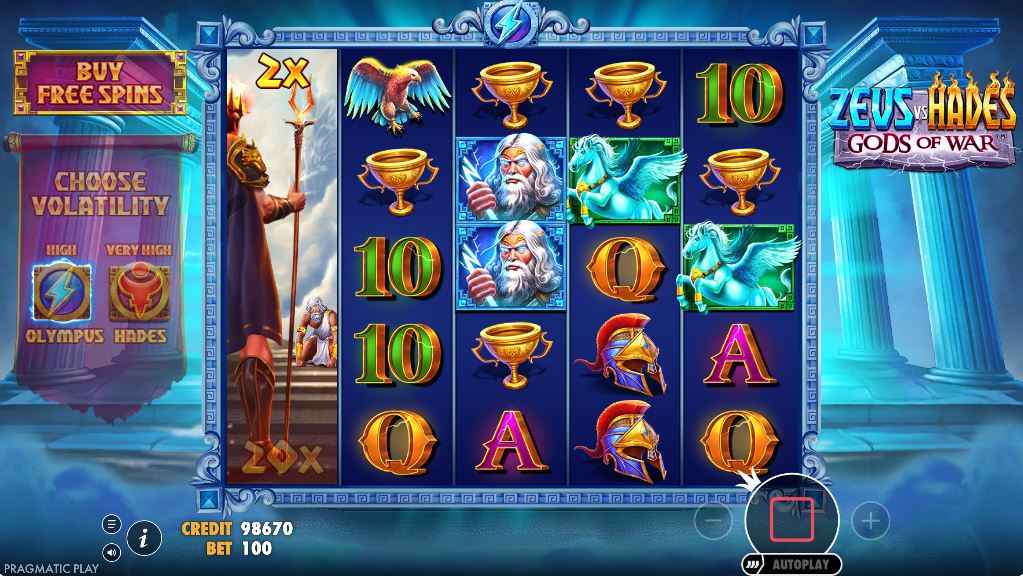 An expanding wild triggers a battle between Zeus and Hades to determine the multiplier value in the Zeus vs Hades slot.