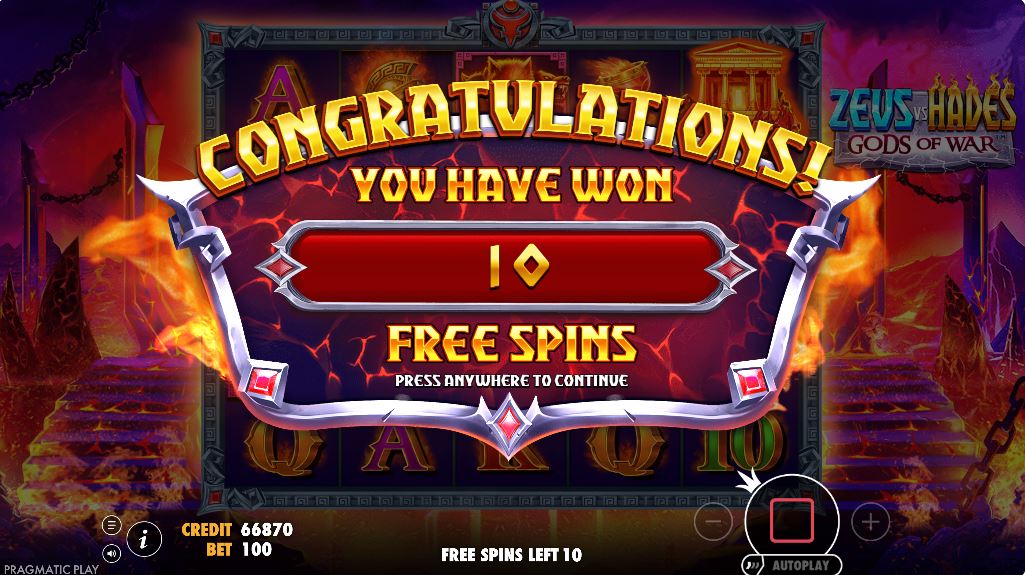 The screen announcing the trigger of 10 free spins after landing three temple scatter symbols in Zeus vs Hades - Gods of War.