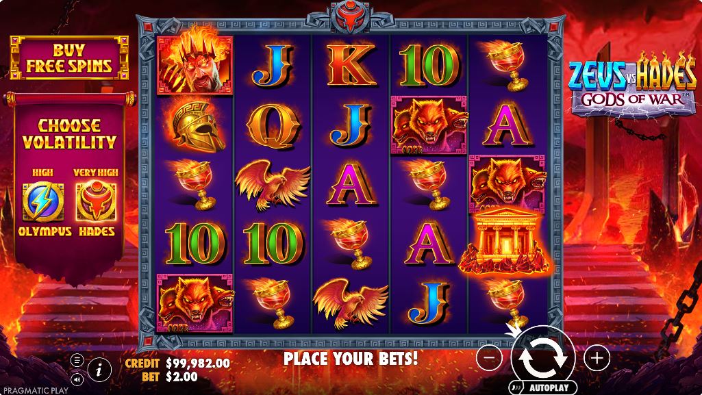 The game interface of Zeus vs Hades in Hades mode, featuring a fiery Underworld theme and the "Very High Volatility" option selected.