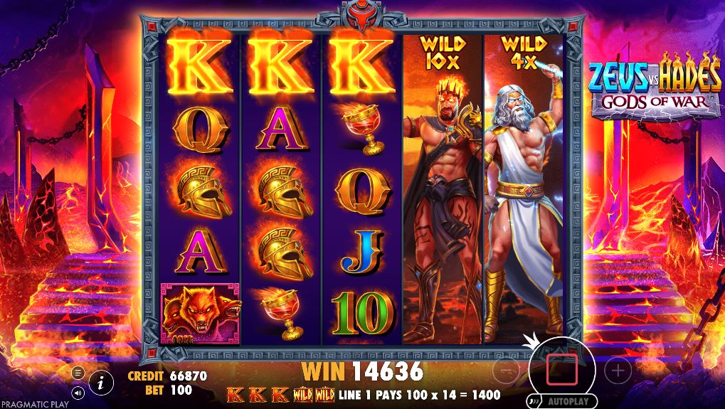 Multiple sticky expanding wild reels locked in place during the free spins bonus round of Zeus vs Hades, creating massive win potential.