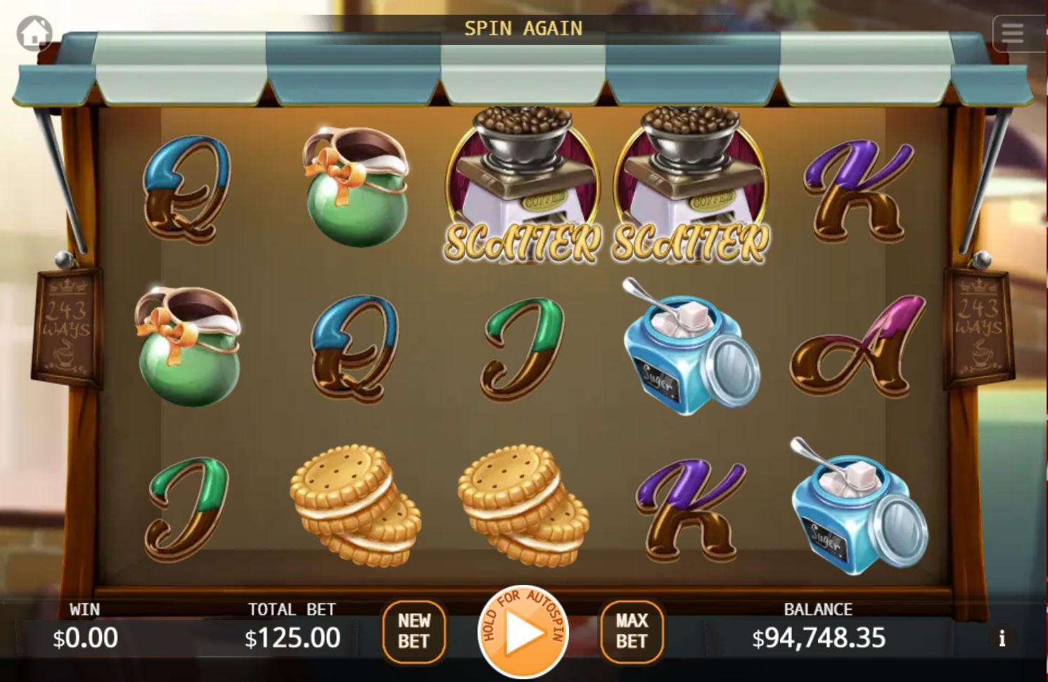 The base game screen of the Coffee Wild slot, showing the 5x3 reel layout and coffee-themed symbols.