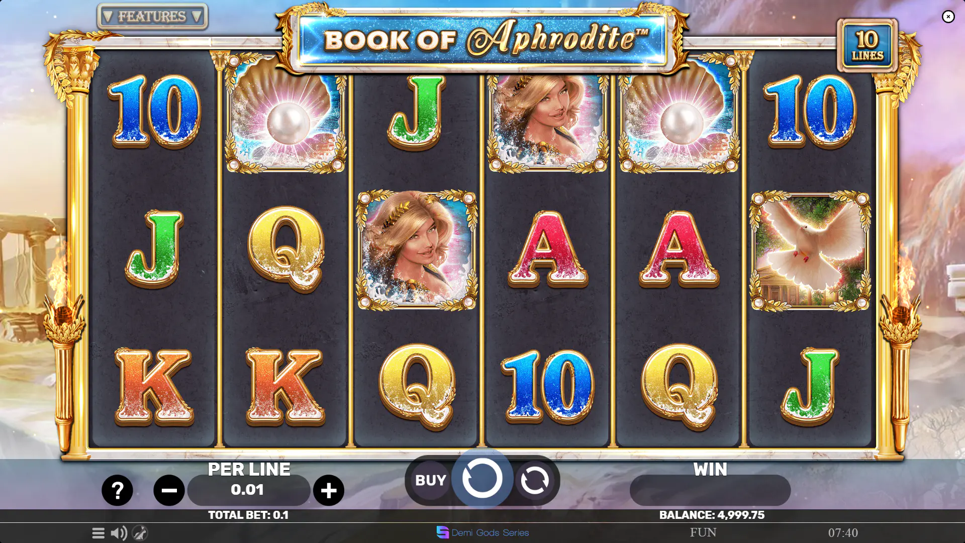 Book of Aphrodite - The Golden Era base game displaying the 6x3 grid and Ancient Greek statue symbols
