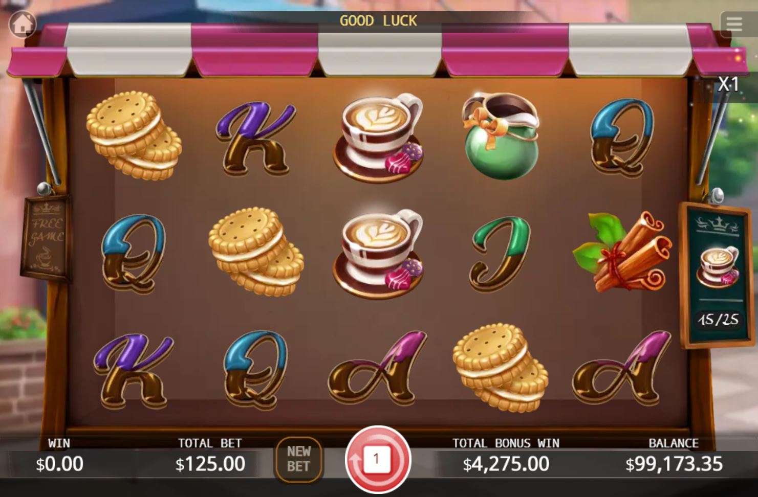 The Coffee Collection meter during the free spins bonus, showing progress towards the 25-cup goal.