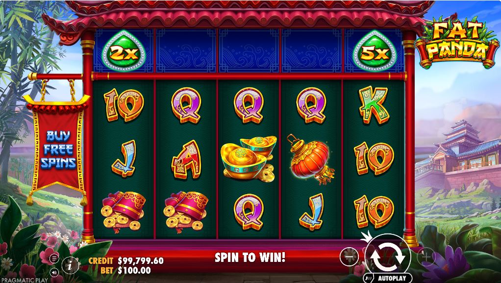 A view of the Fat Panda slot base game grid, set against a serene Asian temple landscape, showing various traditional symbols.