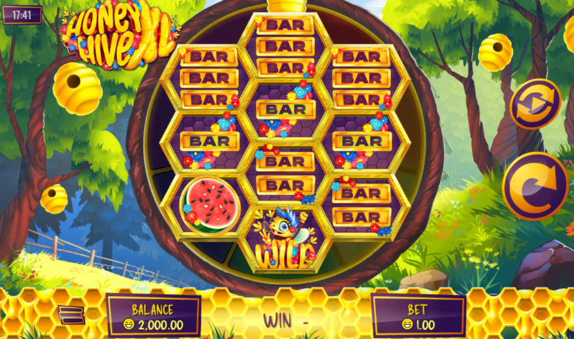 Honey Hive XL main hexagonal slot grid in a forest setting showing BAR symbols and the 36-way layout for player orientation.