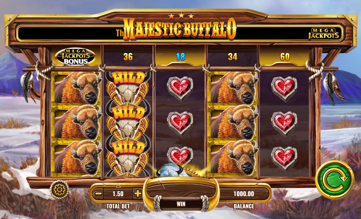 The 5x4 reel layout of the Majestic Buffalo MegaJackpots slot, showing the Prize Disk feature above the reels in demo mode.