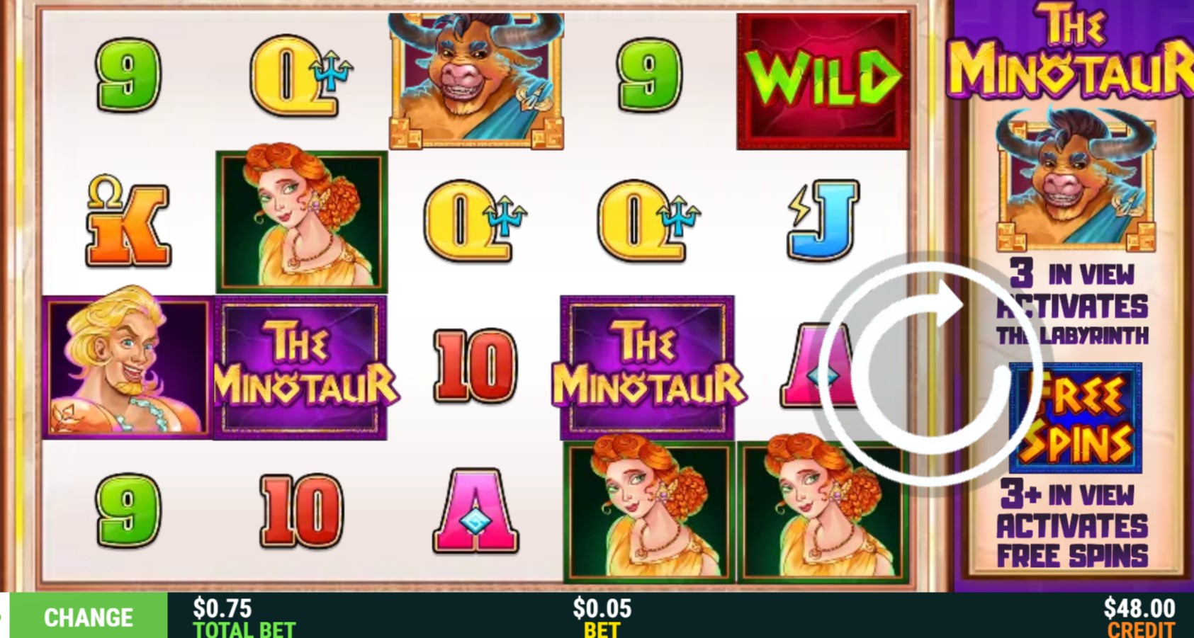 The base game grid of The Minotaur slot, showing the 5x4 layout and mythological character symbols against a stone labyrinth background.