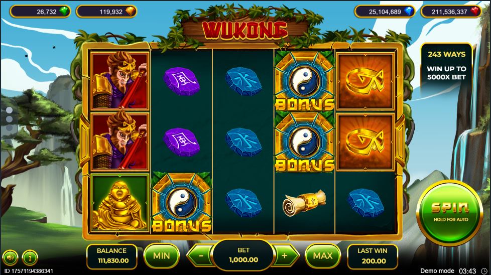 The Wukong slot's main interface with 243 ways to win.