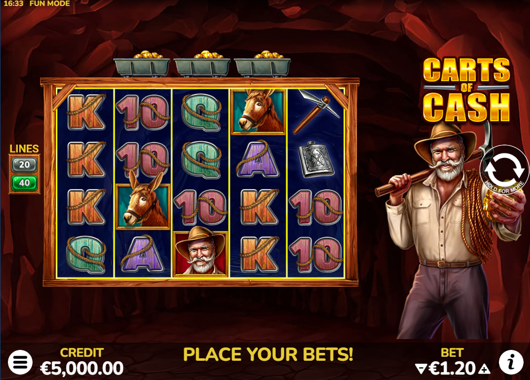 Carts of Cash 5x4 reel set with gold carts positioned above the center columns showing the mining theme and interface.