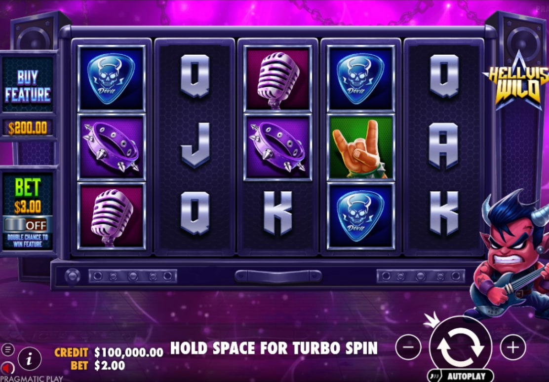 Hellvis Wild slot base game interface showing 5x3 grid, rock hand symbols, and electric guitar character.