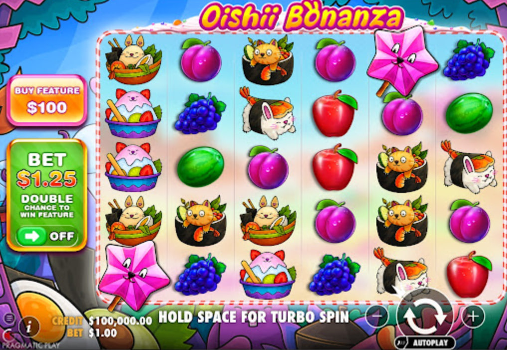Oishii Bonanza slot base game interface showing 6x5 grid with sushi and fruit symbols, pay anywhere mechanic, and Pragmatic Play UI.