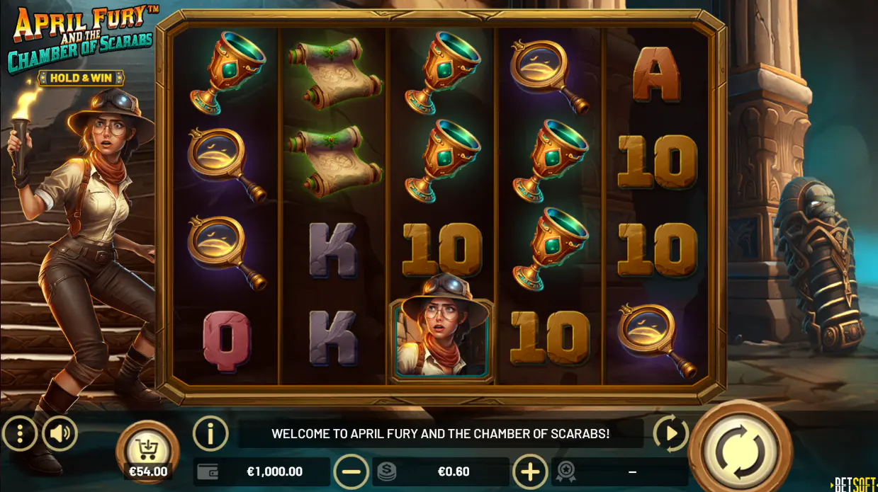 The 5x4 game grid of April Fury and the Chamber of Scarabs slot, displaying various Egyptian-themed symbols during a standard base game spin