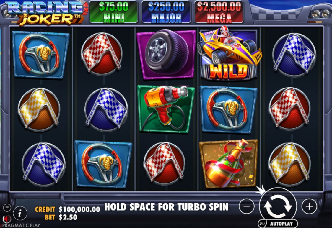 Racing Joker slot base game interface showing 5x3 grid with F1 car wilds and racing flag symbols.