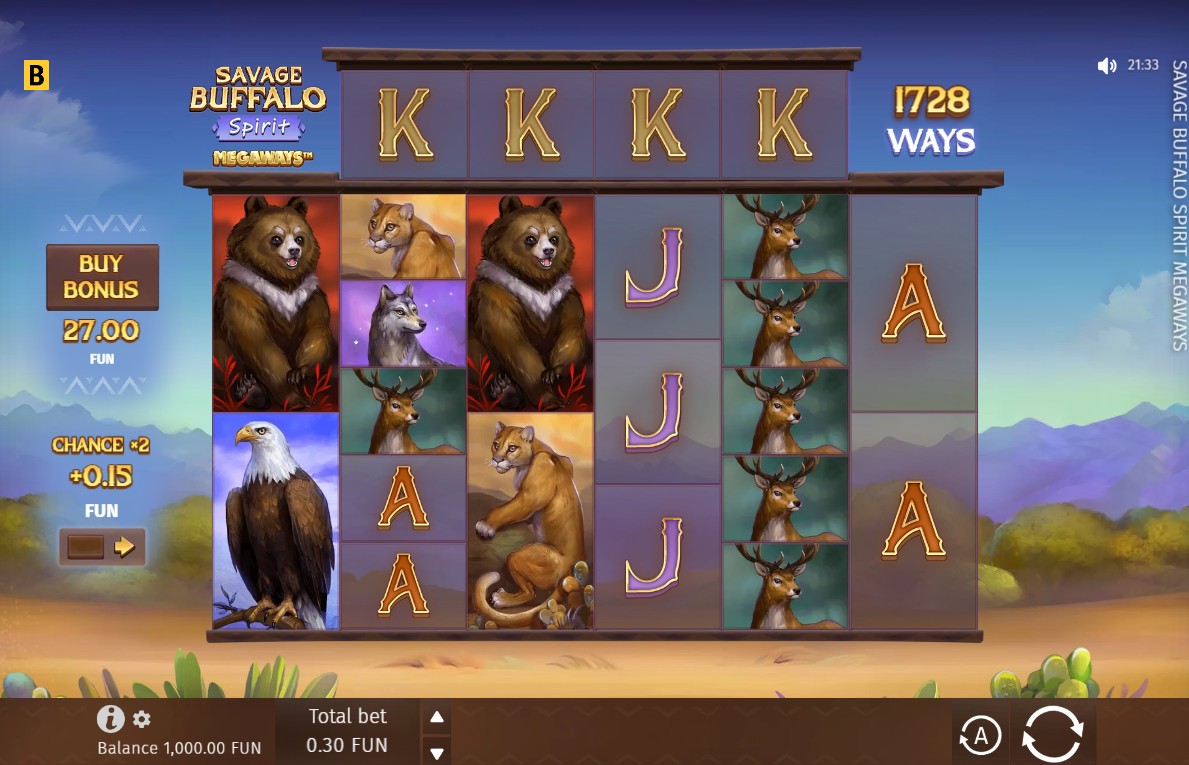 Savage Buffalo Spirit Megaways slot base game screen showing the 6-reel Megaways grid and wildlife symbols.