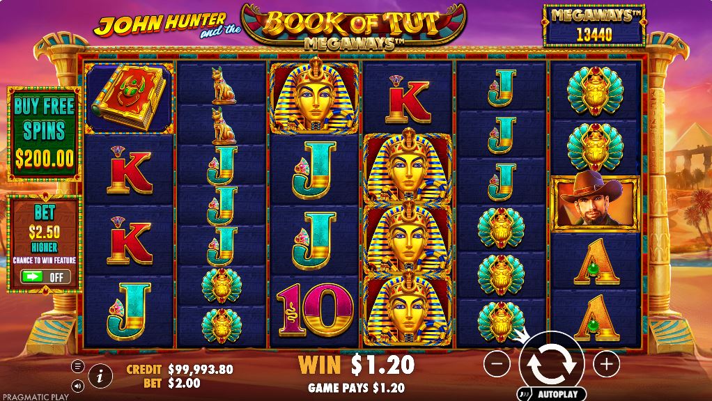 John Hunter and the Book of Tut Megaways base game screen with the Megaways display.