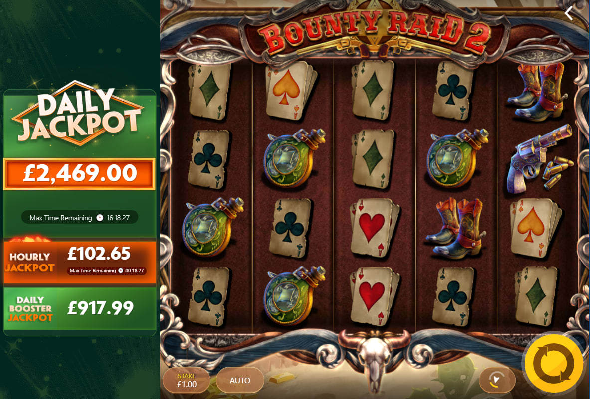 Main 5-reel grid of Bounty Raid 2 slot featuring card suit symbols and western elements next to the daily jackpot sidebar panel.