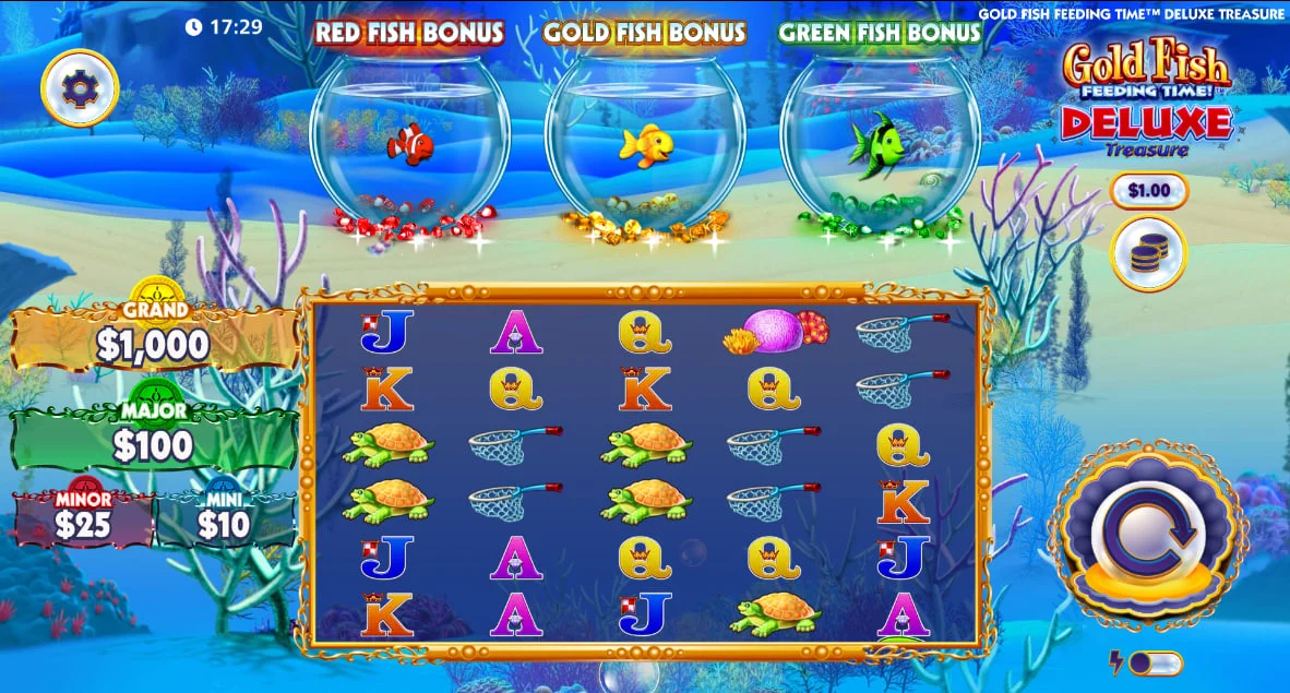 High-paying symbols Coral and Turtle in Gold Fish Feeding Time Deluxe Treasure paytable showing $2.50 max win for 5 symbols.