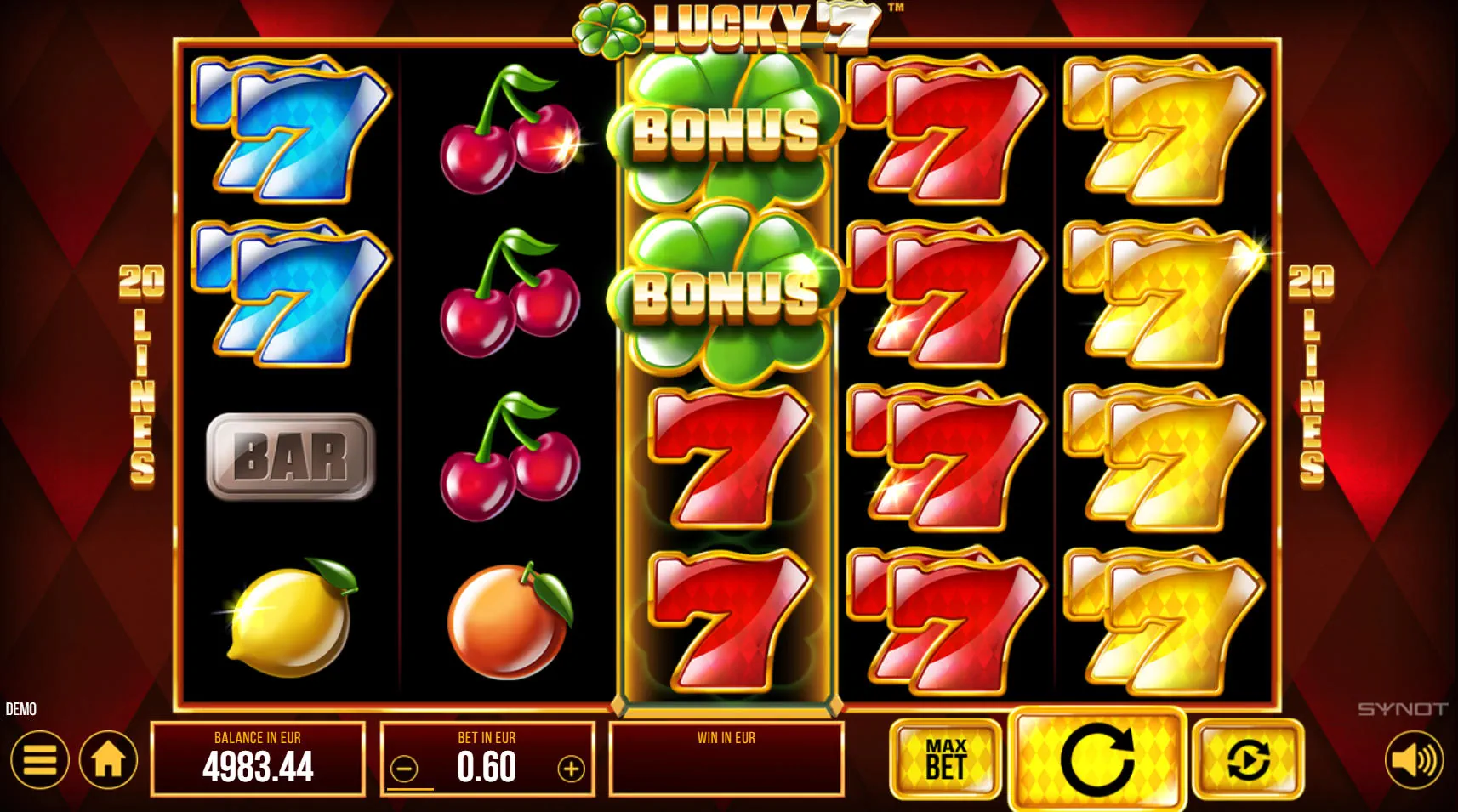 The main 5x4 game grid of the Lucky 77 slot, showing a mix of classic fruit and seven symbols during a regular spin, illustrating the game's visual style.