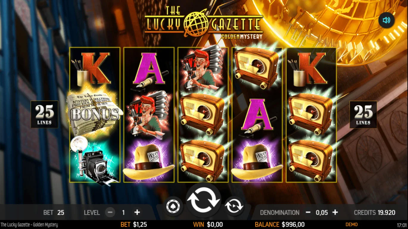 The base game grid of The Lucky Gazette slot, showing the 5x3 layout with 1950s detective-themed symbols, illustrating the starting point for players.
