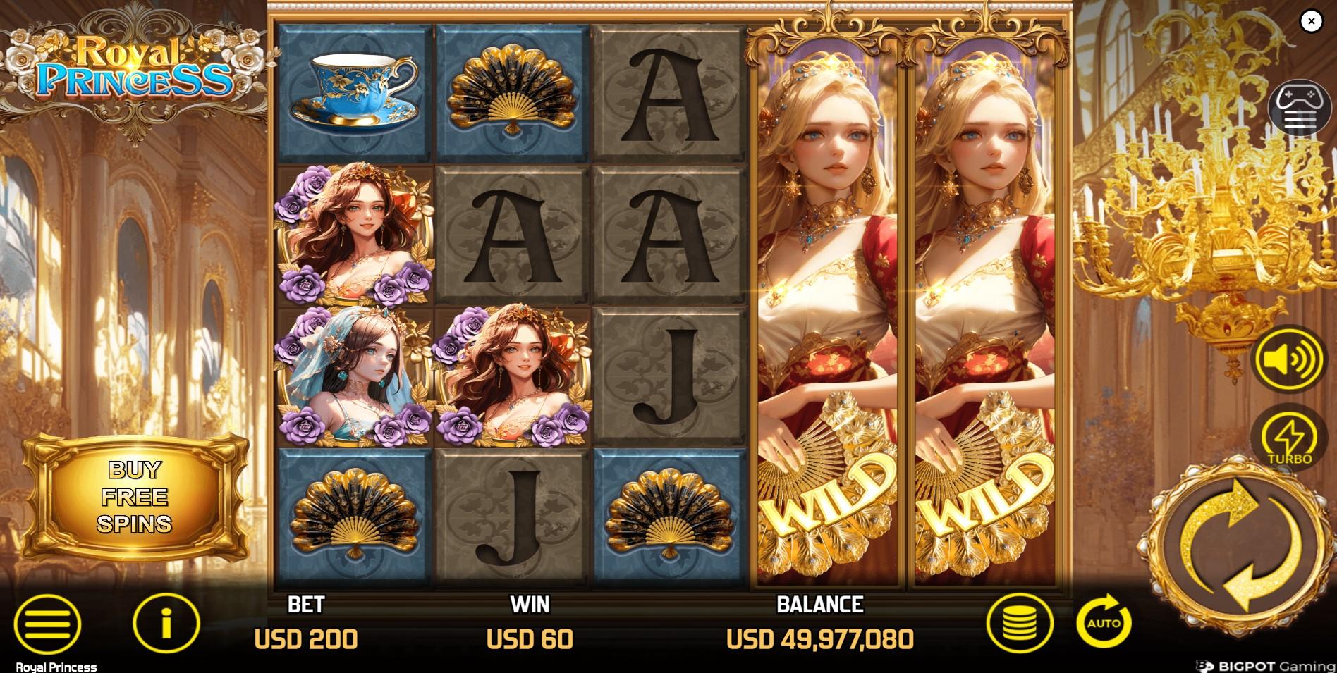 An expanded Princess Wild symbol covering an entire reel in the Royal Princess slot game, substituting for other symbols to create a win.