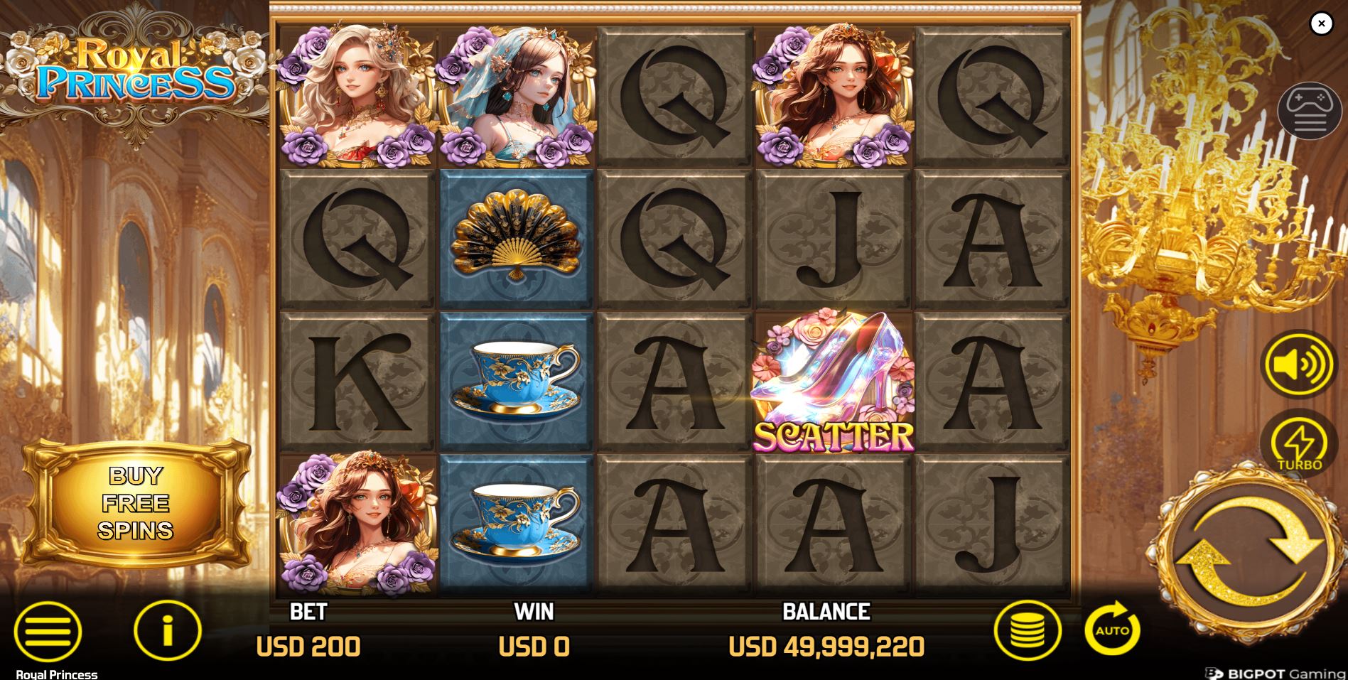 The main 5x3 game grid of the Royal Princess slot, displaying the elegant princess symbols and the golden-adorned palace ballroom background.