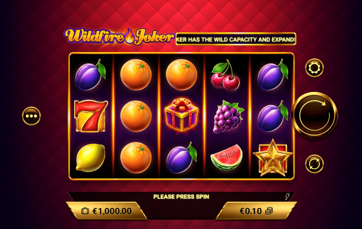The base game screen of the Wildfire Joker slot, showing the 5x3 reel layout and classic fruit symbols.