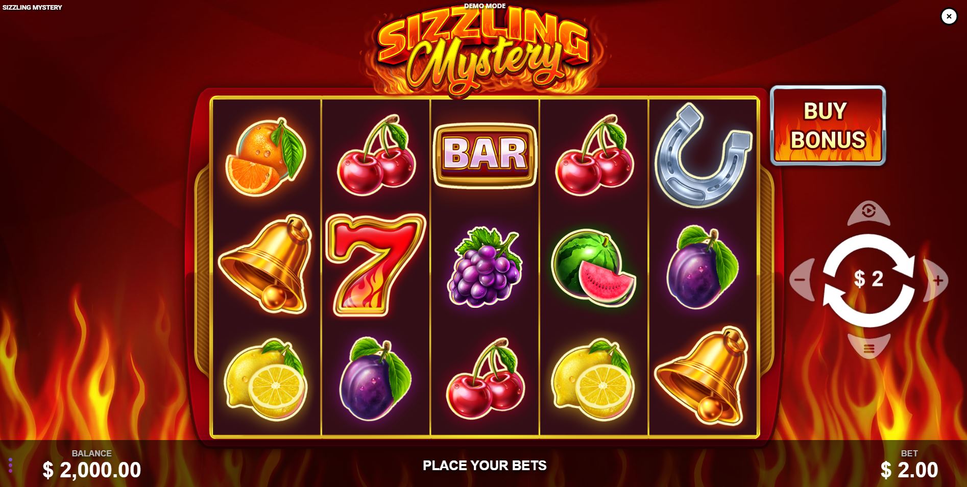 The main 5x3 game grid of the Sizzling Mystery slot, showcasing the classic fruit and bell symbols against a fiery background.