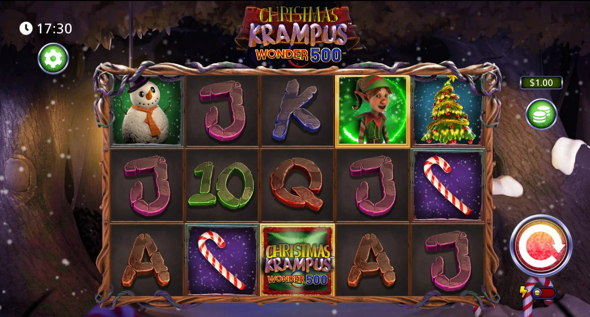 Christmas Krampus Wonder 500 base game reels showing the 5x3 grid and dark snowy mountain background for atmospheric awareness.