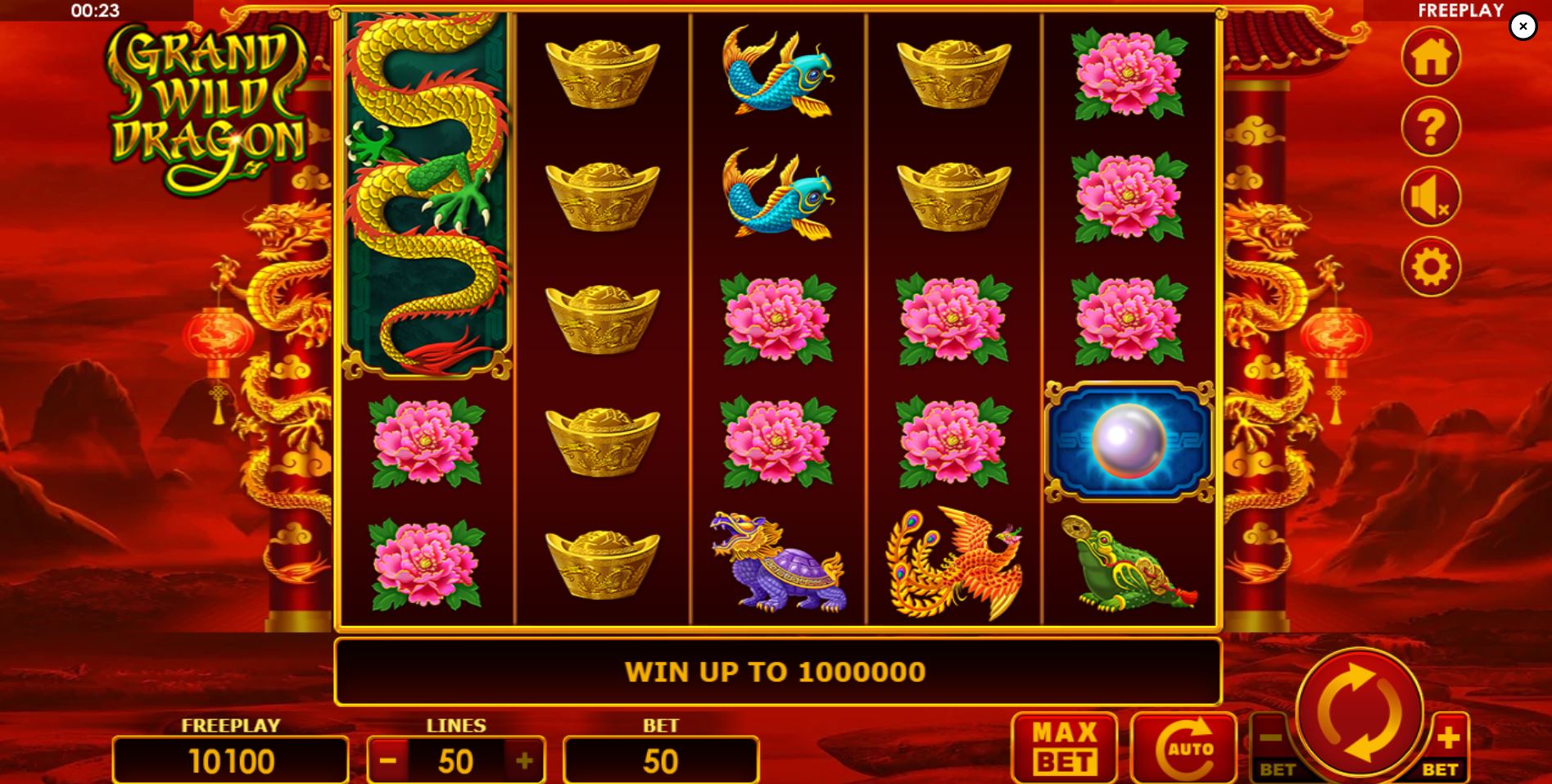 The 5x5 reel layout of the Grand Wild Dragon slot by Amatic, showcasing its vibrant Asian-themed symbols.