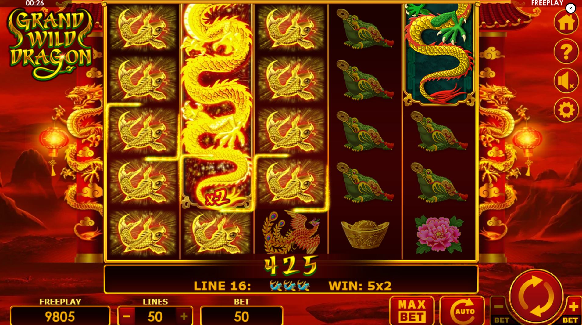 A winning combination in the Grand Wild Dragon slot featuring the powerful x2 Dragon Wild symbol doubling the payout.