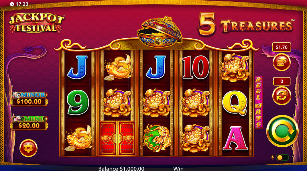 Full 5x3 reel set of 5 Treasures Jackpot Festival slot showing the golden animals and the top progressive jackpot meters for player navigation.