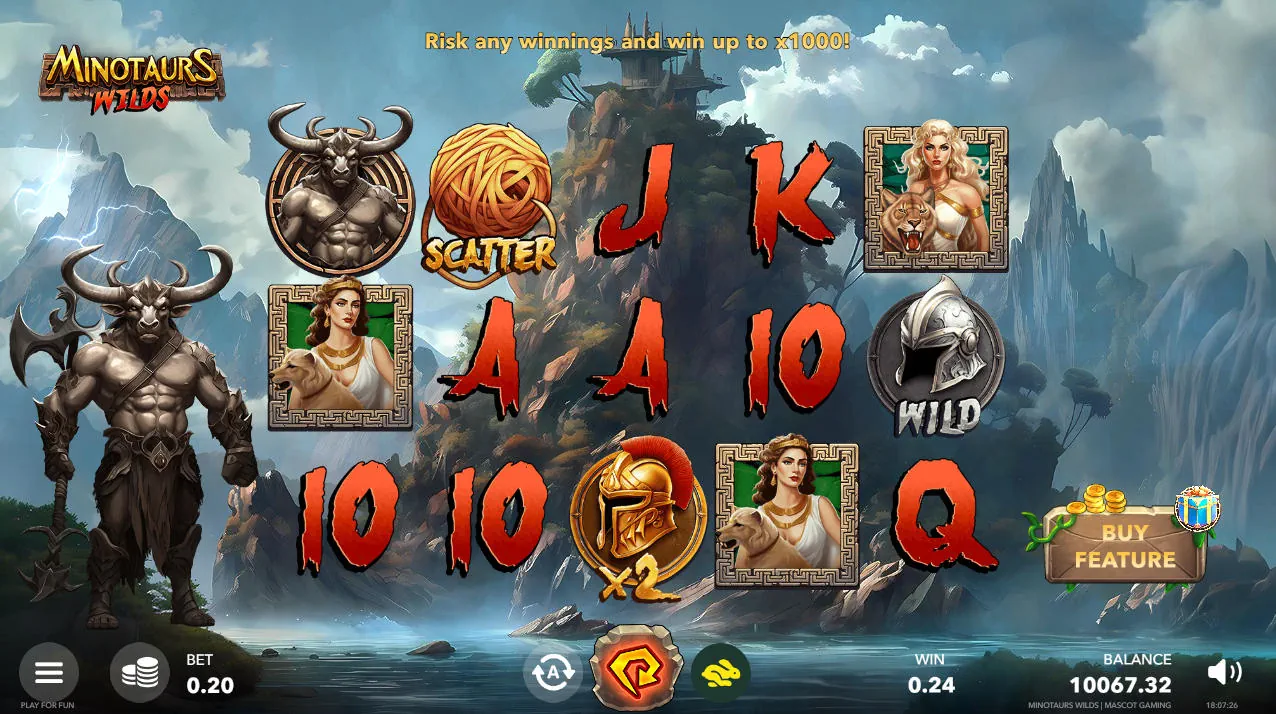 The base game screen of the Minotaurs Wilds slot, displaying the 5x3 reel layout against a Greek mythology backdrop with the animated Minotaur character beside the grid.