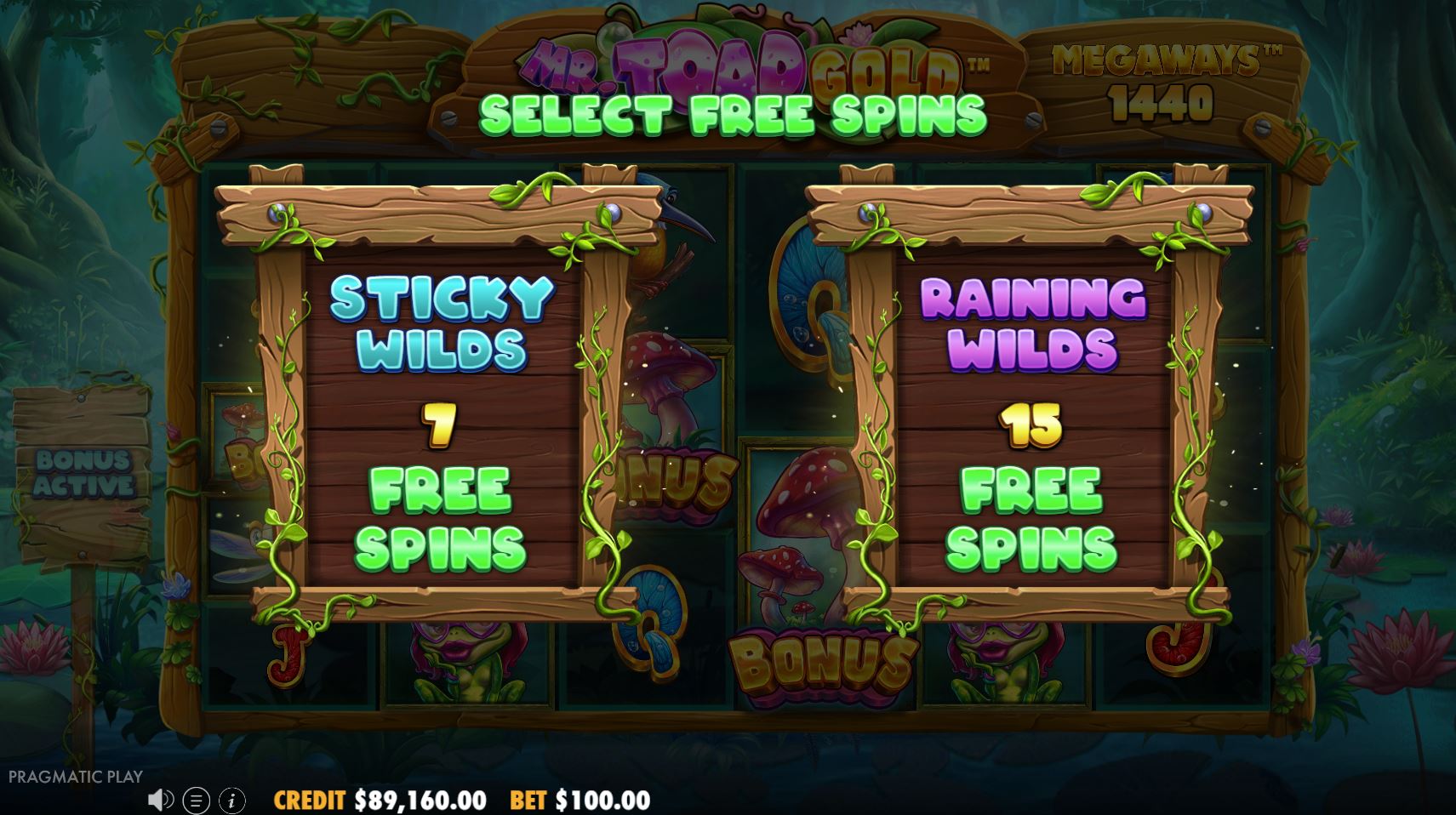 The feature selection screen in Mr. Toad Gold, presenting the player with a choice between Sticky Wilds and Raining Wilds free spins.