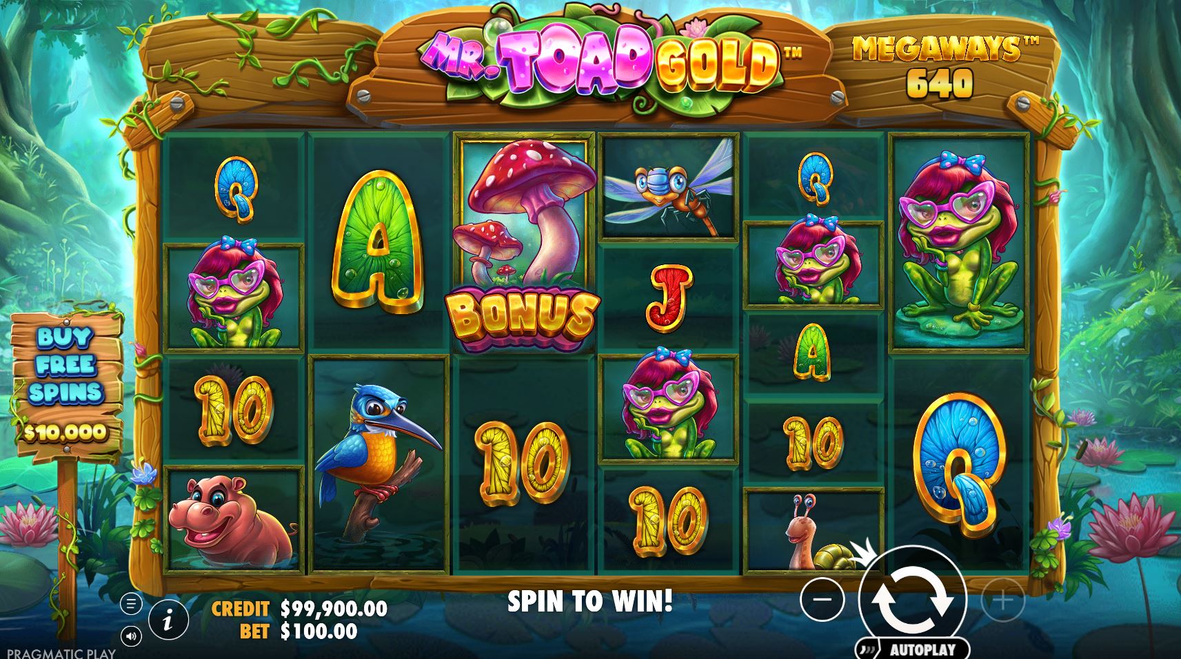 The main 6-reel Megaways grid of the Mr. Toad Gold slot, set against a lush forest pond background.