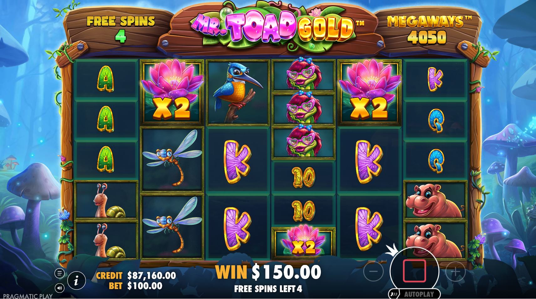 The Raining Wilds free spins round in action, with multiple wild symbols dropping onto the reels to create a winning combination.