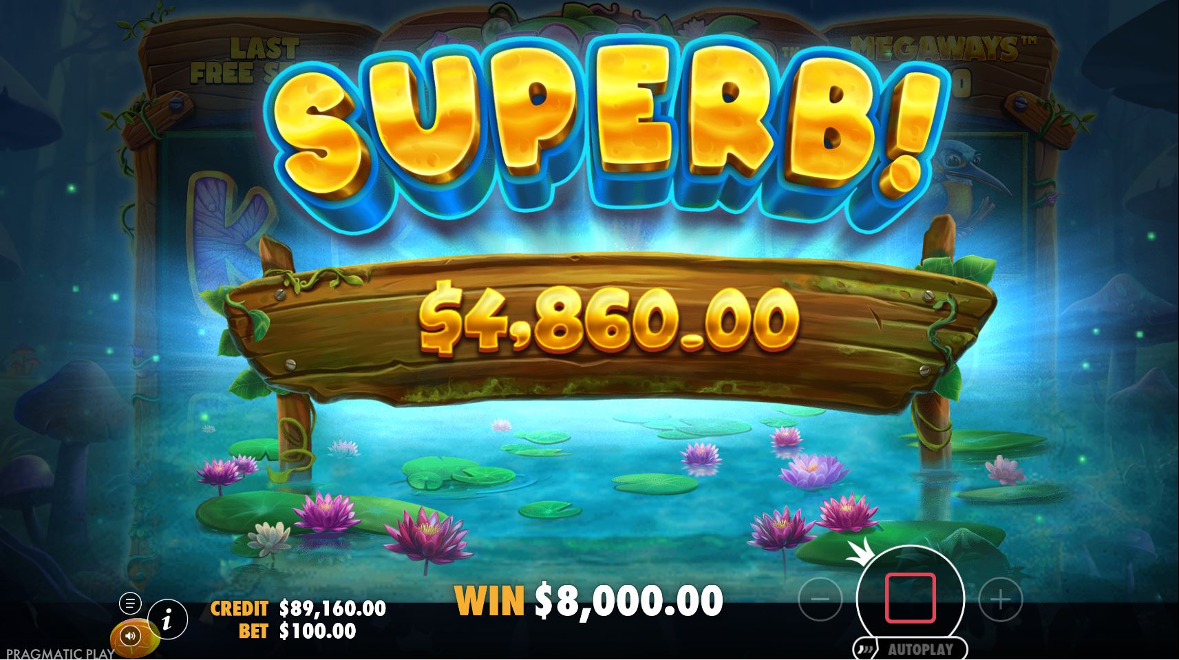 A screenshot displaying a "Sensational Win" of over $8,000 in the Mr. Toad Gold Megaways slot, showing the game's high payout potential.
