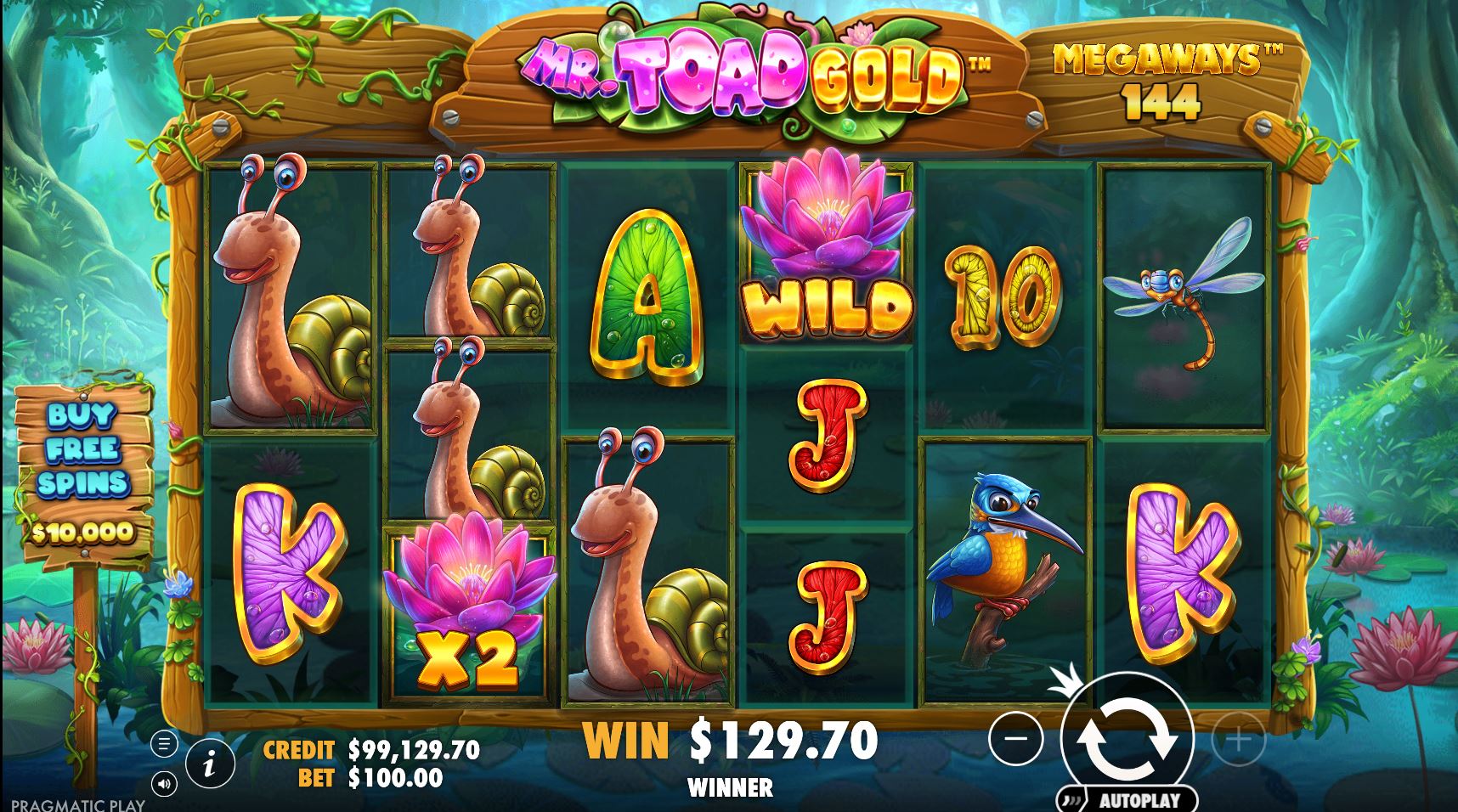 A significant winning combination on the Mr. Toad Gold slot reels, amplified by a x2 multiplier wild symbol.