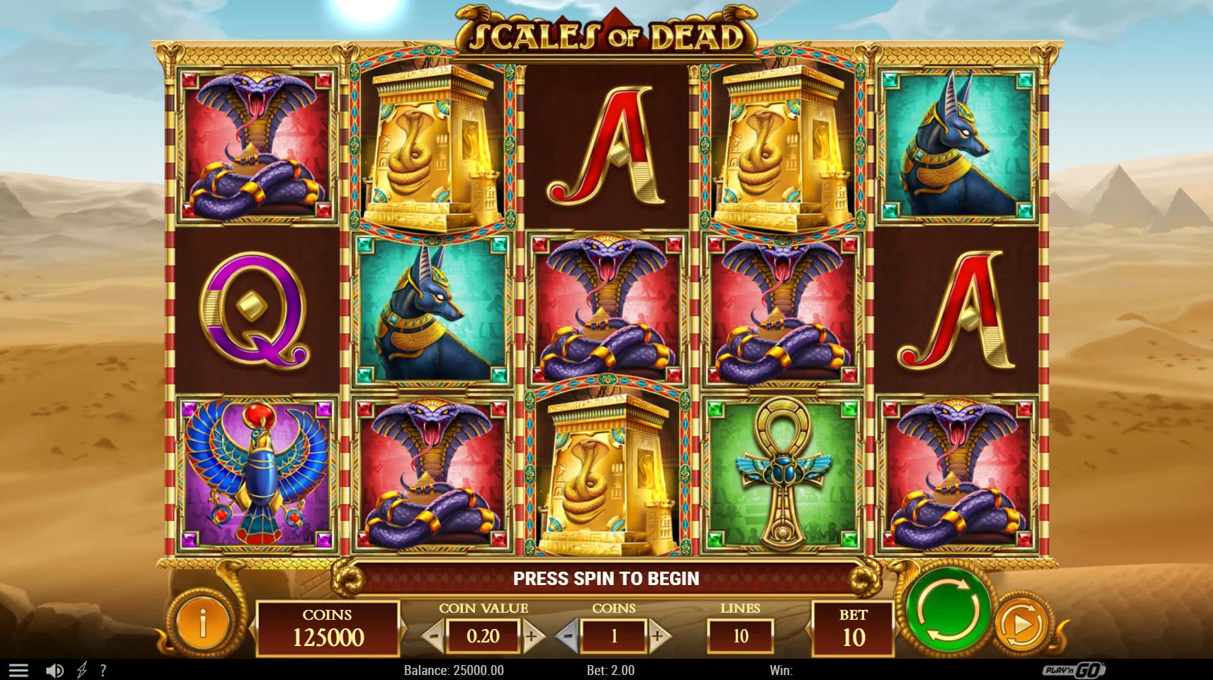 5x3 grid in Scales of Dead base game showing Hooded Cobra and Anubis premium symbols on the reels