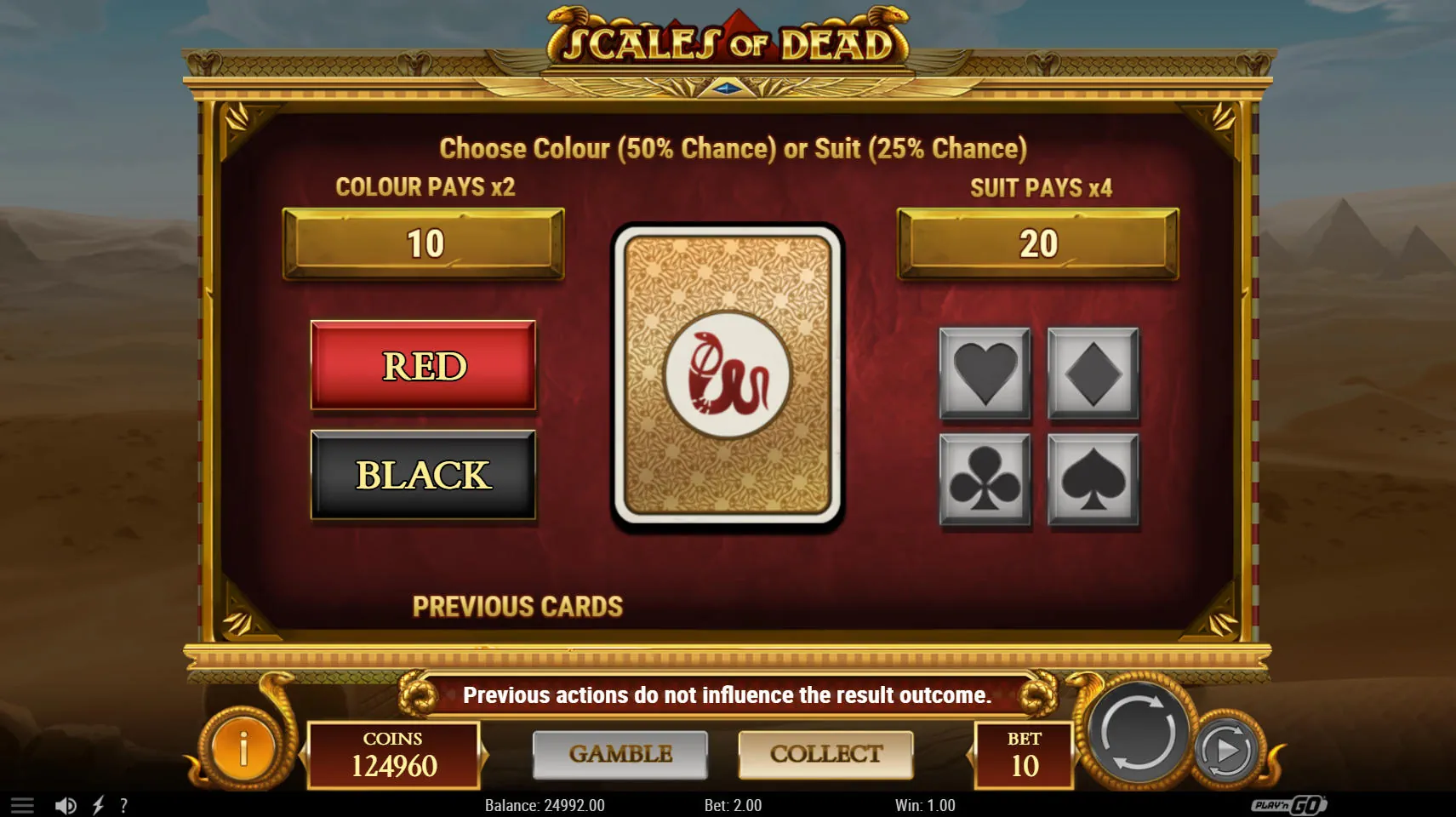 The Gamble feature interface showing options to guess the card color for 2x or suit for 4x