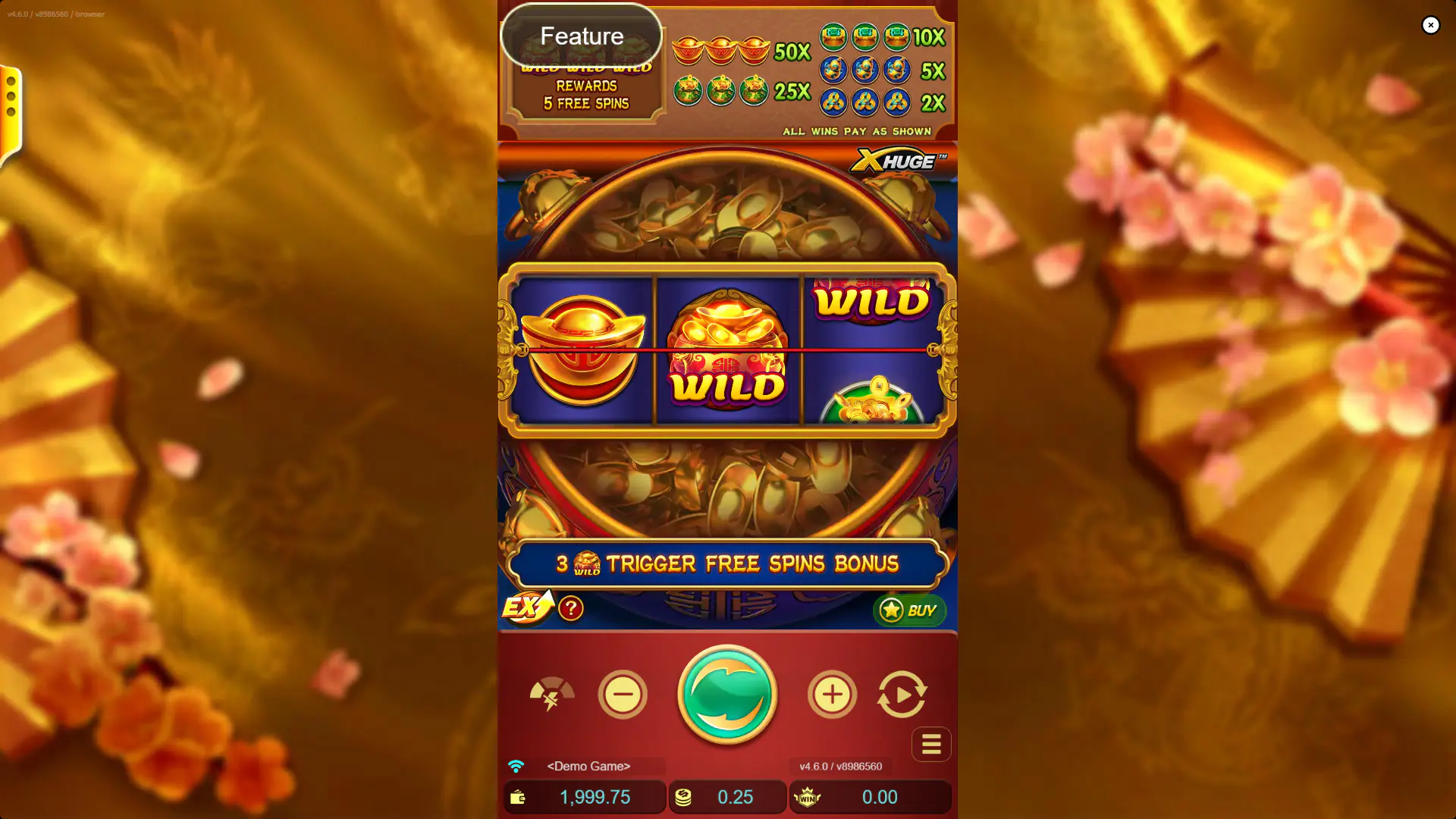 Treasure Bowl base screen with 3 reels and one payline, showing the thin regular setup before the feature starts