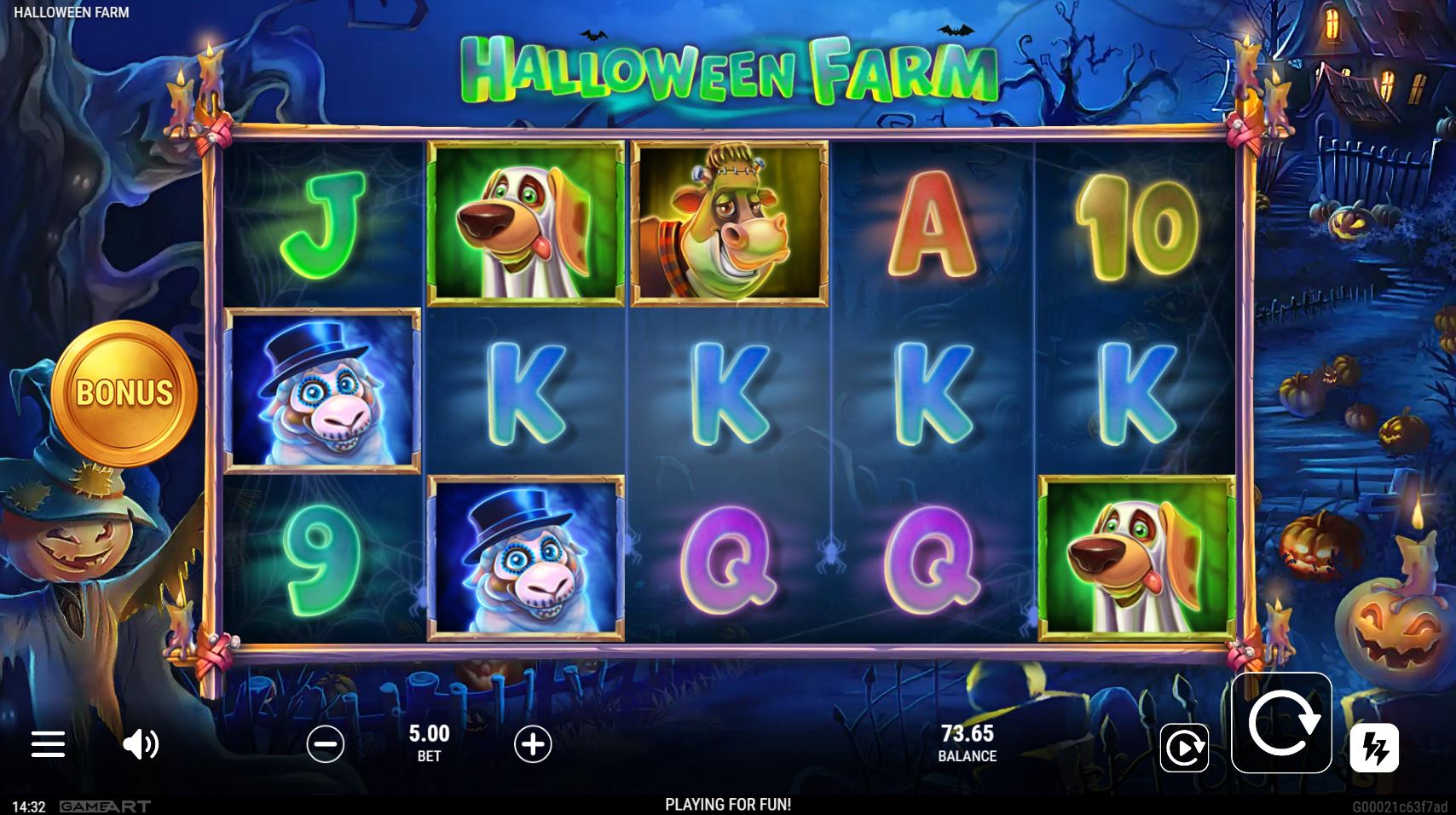 The base game grid of the Halloween Farm slot, showing costumed animal symbols on a spooky farm backdrop.