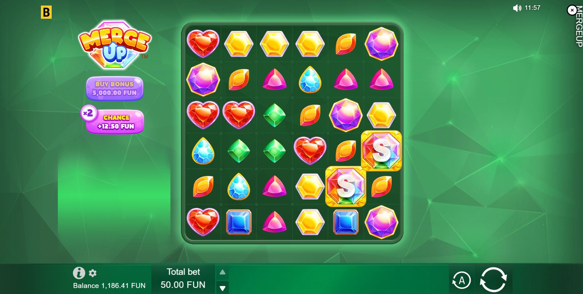 The 6x6 grid of the Merge Up slot by BGaming, showing a variety of colorful gem symbols.