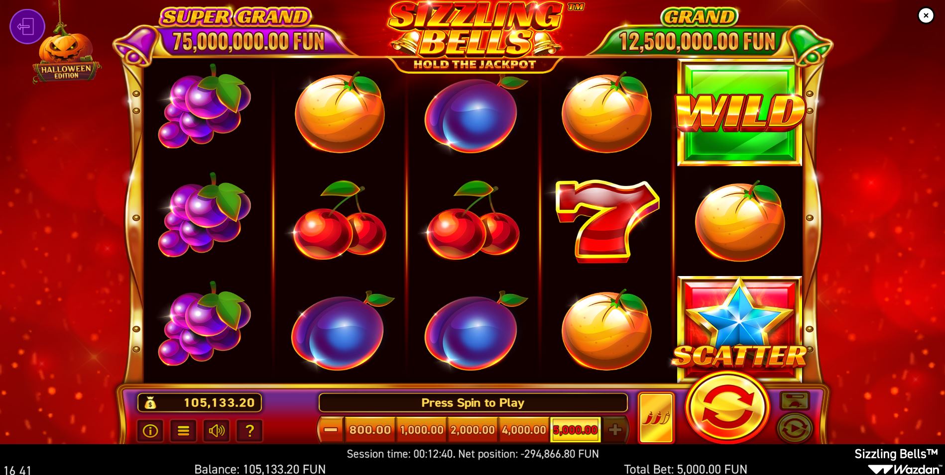 The base game grid of Sizzling Bells Halloween Edition slot showing classic fruit symbols and the fiery background.