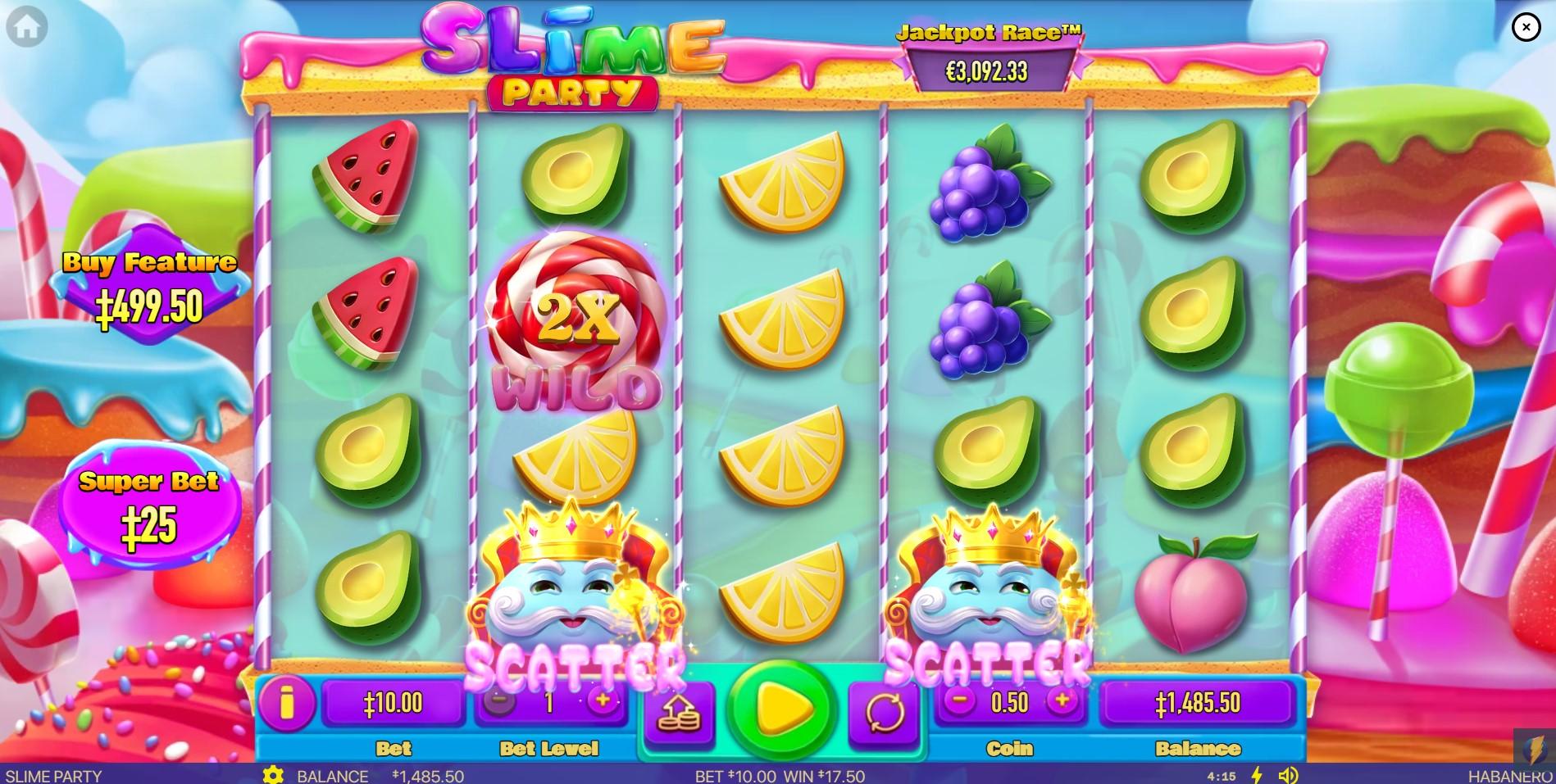 he 5x6 grid of the Slime Party slot, showcasing the colorful candy theme and various slime and fruit symbols during a standard spin.