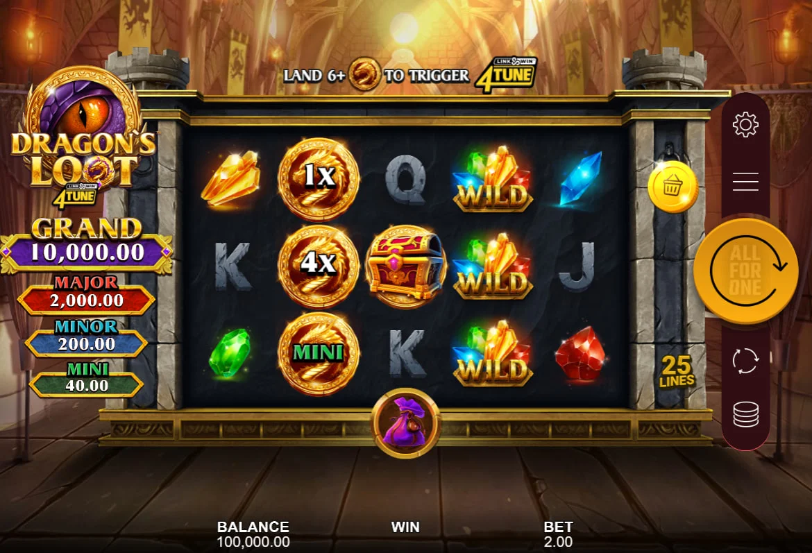 Dragon's Loot Link & Win 4Tune main 5x3 game grid with jackpot values and wild symbols displayed for player reference.
