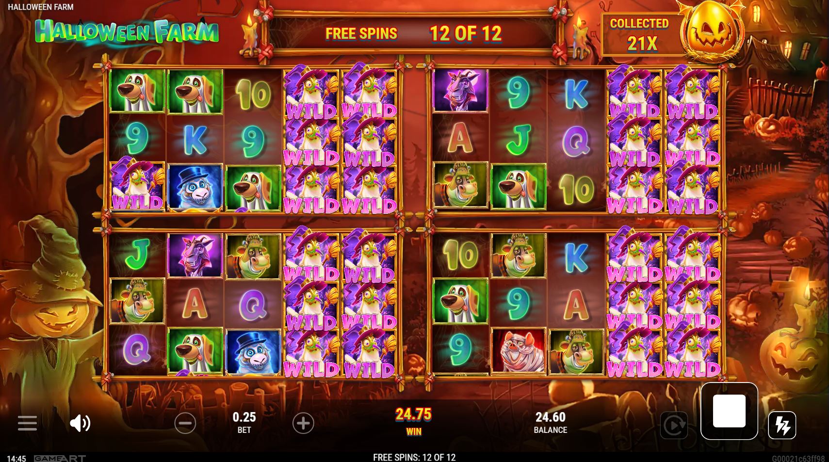 The climactic moment in Halloween Farm with all four reel sets unlocked and active.